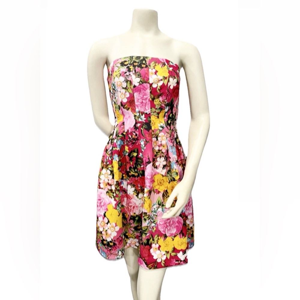 New York & Company Strapless Floral Fit & Flare Dress Size S